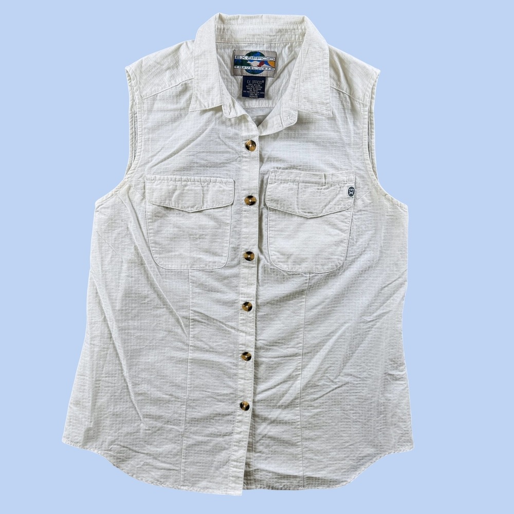 Vintage ExOfficio Shirt Women 14/16 White Sleeveless Button Up Outdoor Utility